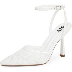 Women White Lace Pumps Stiletto Wedding Dress Closed Toe Ankle Strap Heel Shoes